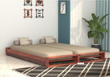 Aper Wooden Sofa Cum Bed in Teak Finish | Urbanwood
