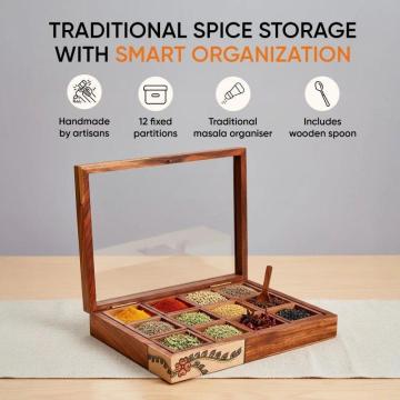 Handcrafted Wooden Spice Box with 12 Slots & Spoon