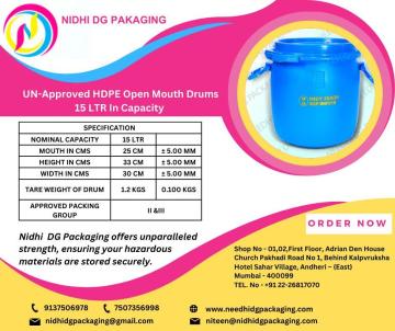 UN Approved 15L HDPE Open Mouth Drum Suppliers in Mumbai | Needhi DG Packaging