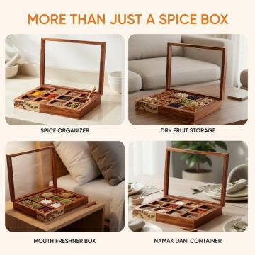 Handcrafted Wooden Spice Box with 12 Slots & Spoon