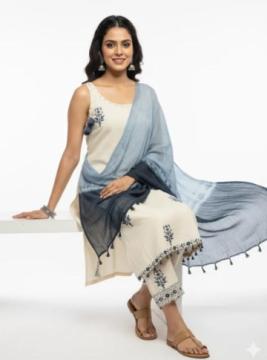 Cream Blue Embroidered Cotton Kurta Set | Indian Workwear Rs. 1499