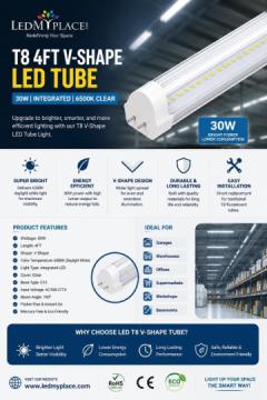 T8 8ft Integrated LED Tube Light 60W V-Shape 5000K Daylight White, Fro
