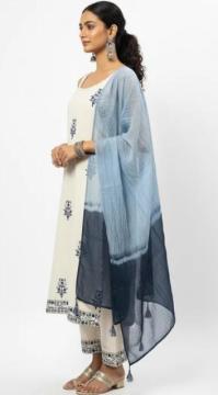 Cream Blue Embroidered Cotton Kurta Set | Indian Workwear Rs. 1499