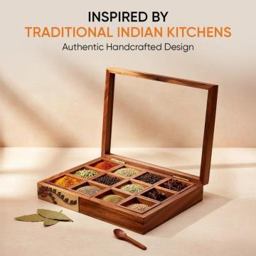 Handcrafted Wooden Spice Box with 12 Slots & Spoon