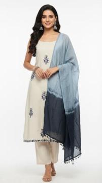 Cream Blue Embroidered Cotton Kurta Set | Indian Workwear Rs. 1499