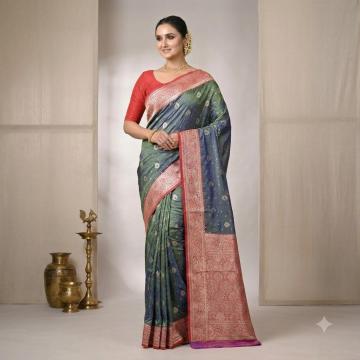 Buy Peacock Green Semi Katan Silk Saree for Women in Toronto, Canada
