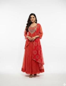 Orange Bandhani Anarkali Suit Set | Bandhej Anarkali Rs. 2199