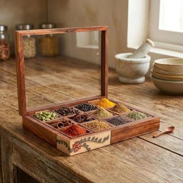 Handcrafted Wooden Spice Box with 12 Slots & Spoon