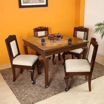 Elegant Teak Wood 4 Seater Dining Set with Walnut Finish