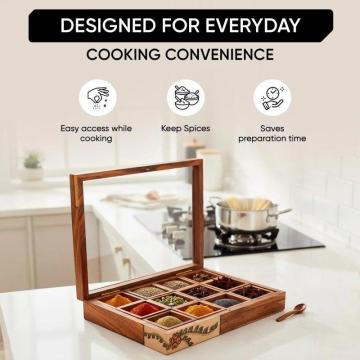 Handcrafted Wooden Spice Box with 12 Slots & Spoon